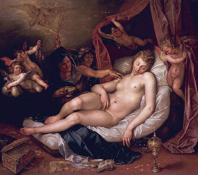 Hendrick Goltzius Danae receiving Jupiter as a shower of gold. Norge oil painting art
